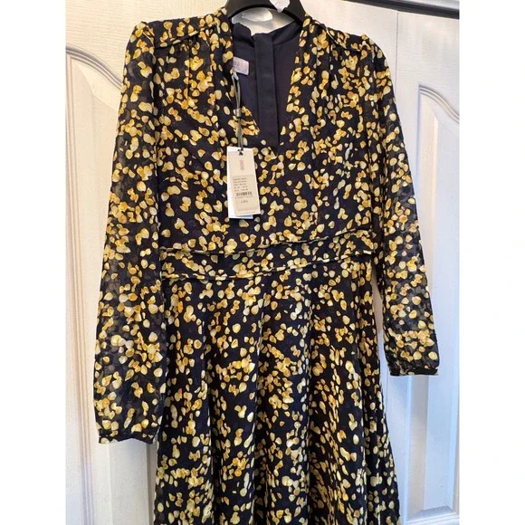Hobbs London Aurora Dress Navy Yellow Petal Print Midi Recycled Polyester 6 NEW - Picture 5 of 10
